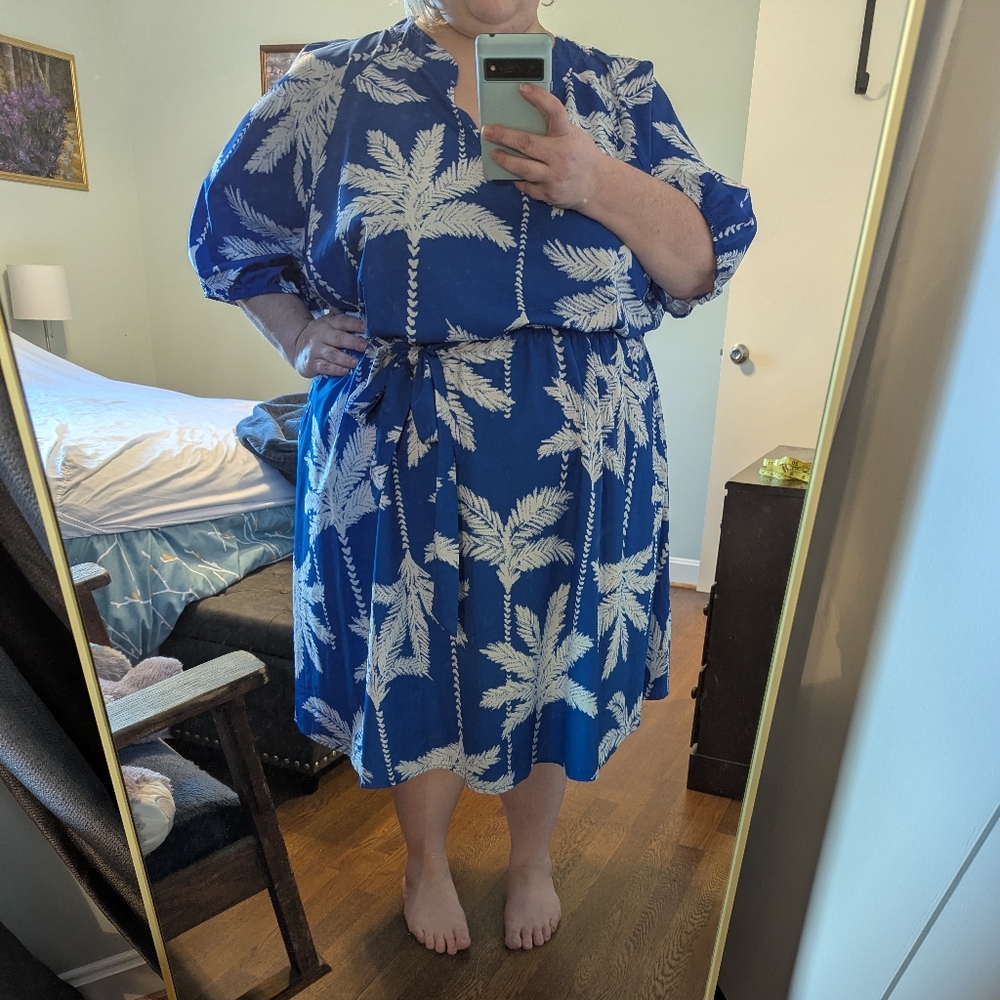 Plus Size 30 Blue Dress with White Palm Tree Print